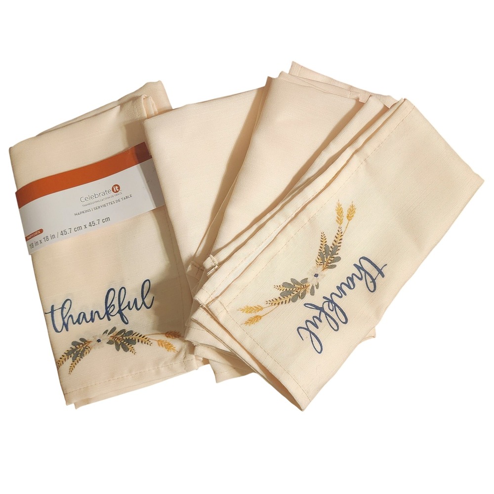 Celebrate It Thankful Thanksgiving Cloth Napkins  (2 Sets) 4 pc Set Beige Decor